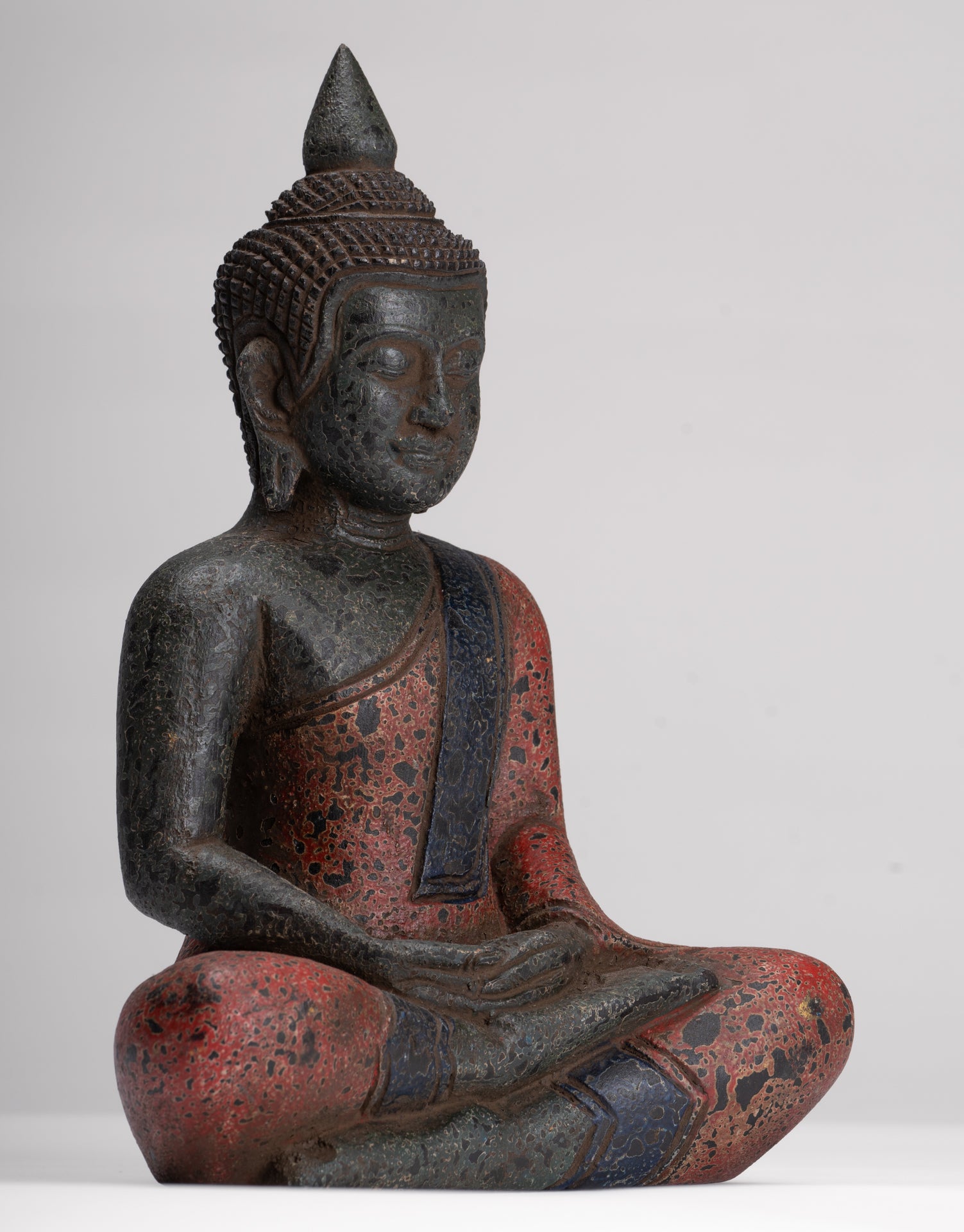 Buddha Sculpture - Antique Khmer Style Wood Seated Buddha Statue Dhyana Meditation Mudra - 27cm/11"