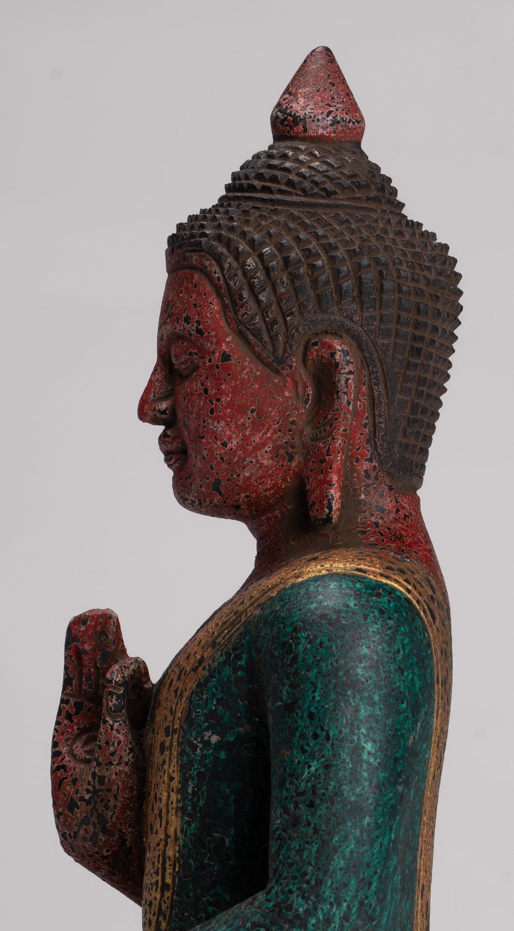 Buddha Statue - Antique Khmer Style Cambodia Seated Wood Buddha Statue Teaching Mudra - 26cm/10"