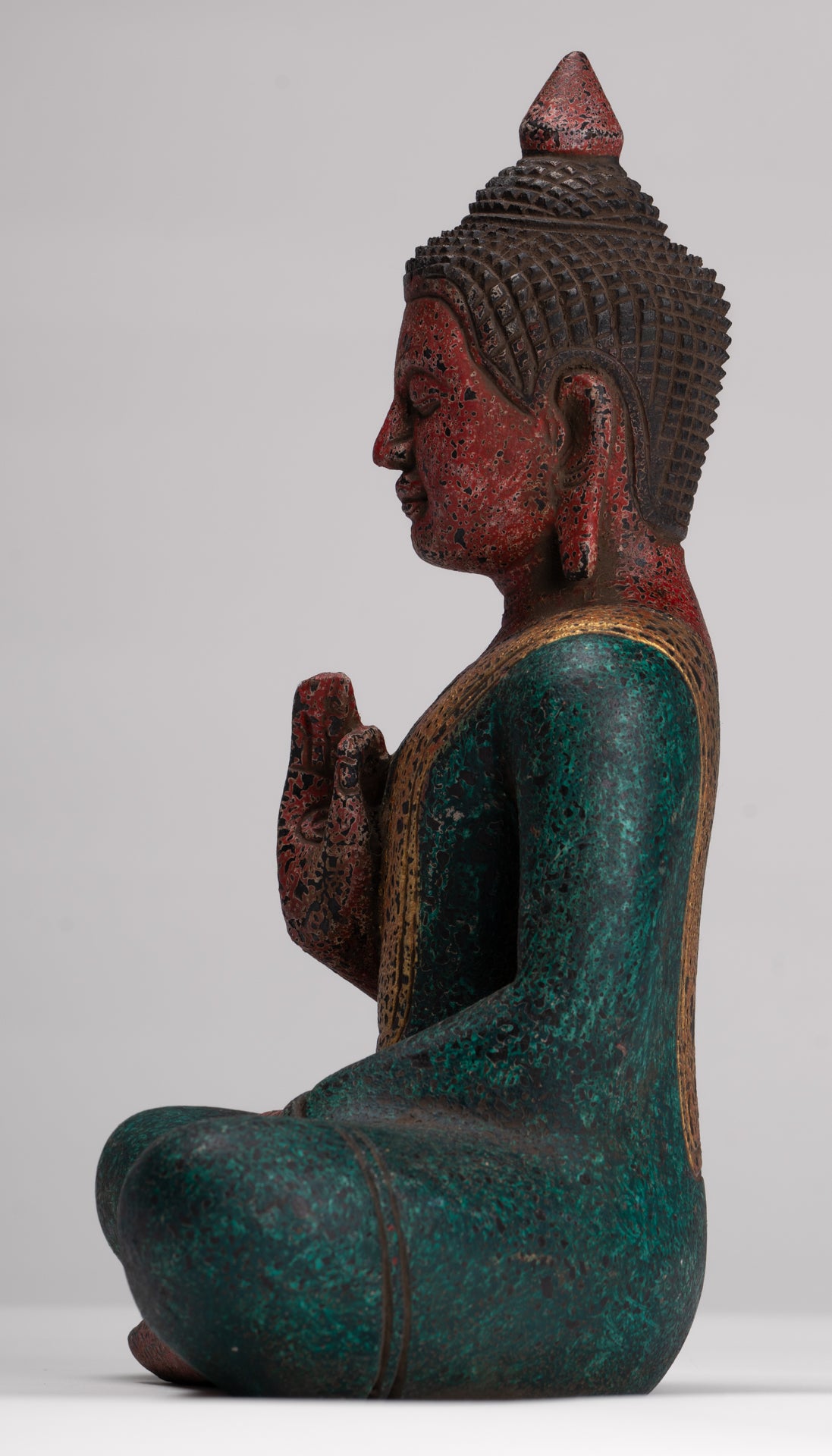 Buddha Statue - Antique Khmer Style Cambodia Seated Wood Buddha Statue Teaching Mudra - 26cm/10"