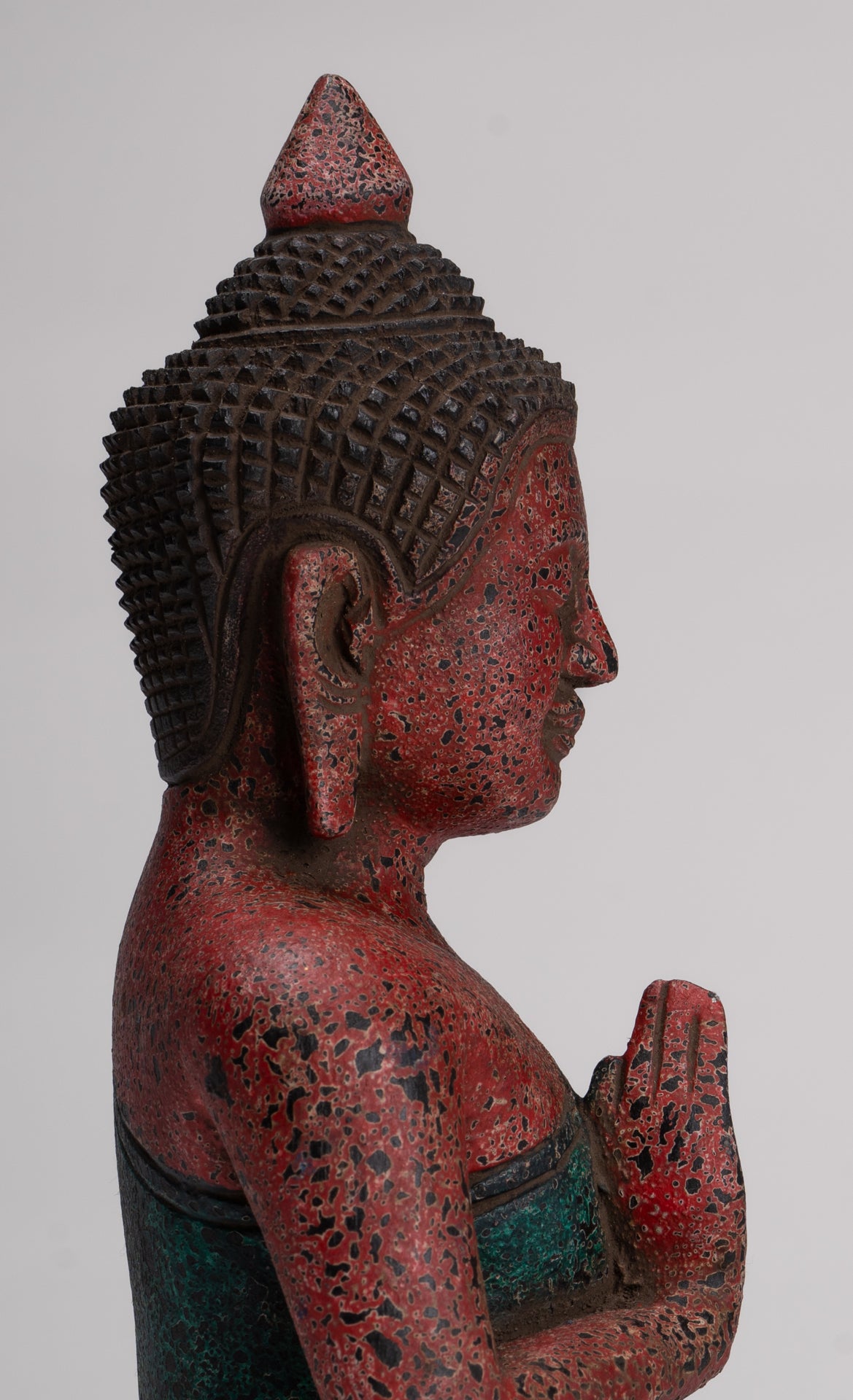 Buddha Statue - Antique Khmer Style Cambodia Seated Wood Buddha Statue Teaching Mudra - 26cm/10"