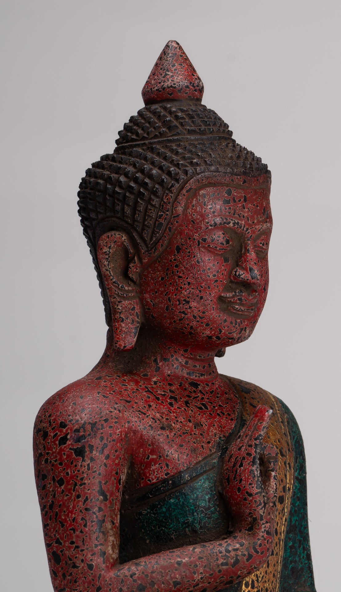 Buddha Statue - Antique Khmer Style Cambodia Seated Wood Buddha Statue Teaching Mudra - 26cm/10"