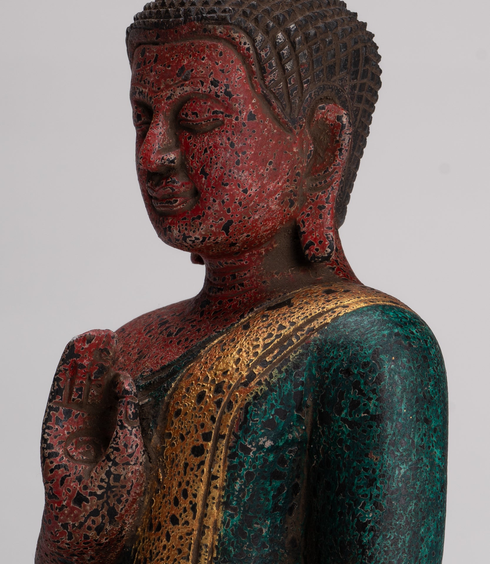 Buddha Statue - Antique Khmer Style Cambodia Seated Wood Buddha Statue Teaching Mudra - 26cm/10"