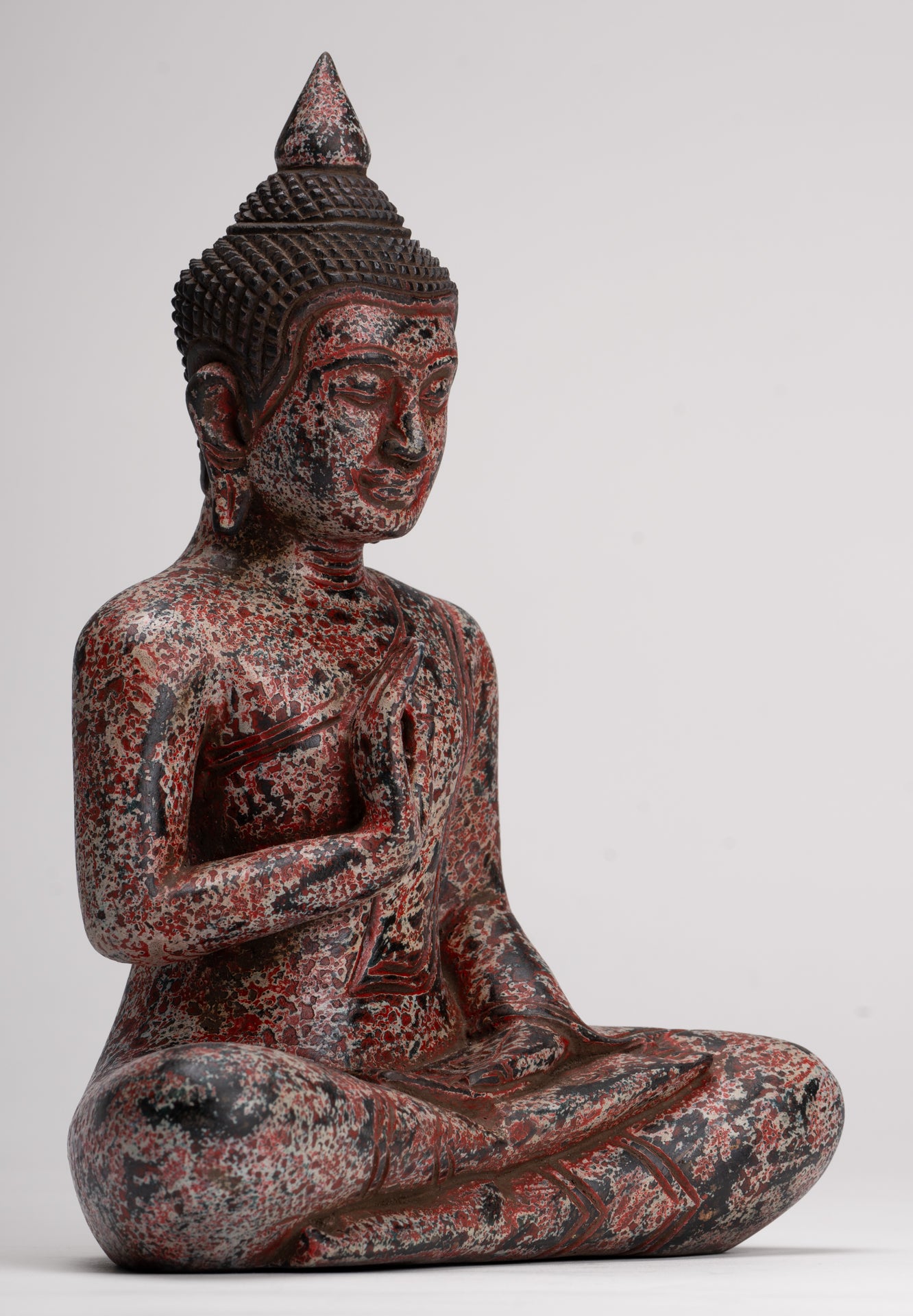 Buddha Statue - Antique Khmer Style Cambodia Seated Wood Buddha Statue Teaching Mudra - 27cm/11"