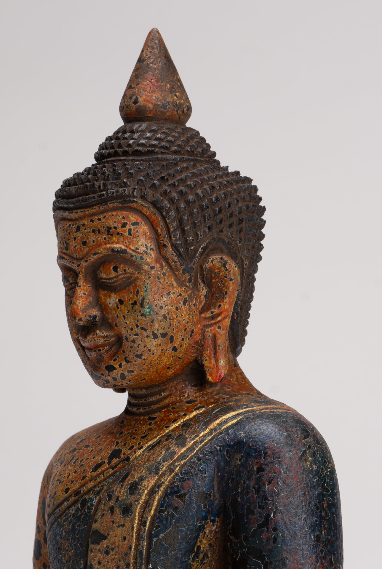 Buddha Sculpture - Antique Khmer Style Wood Seated Buddha Statue Dhyana Meditation Mudra - 28cm/11"