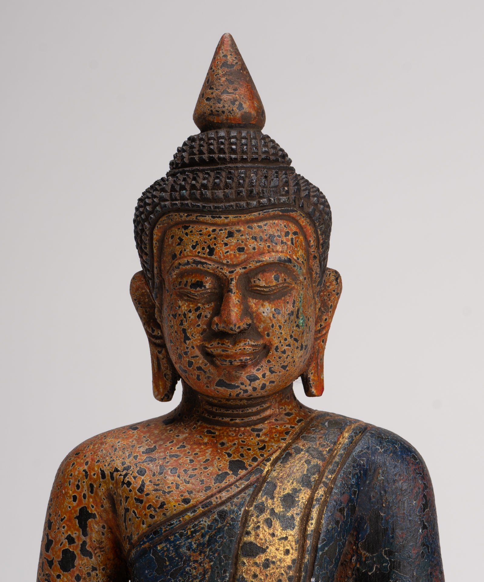 Buddha Sculpture - Antique Khmer Style Wood Seated Buddha Statue Dhyana Meditation Mudra - 28cm/11"