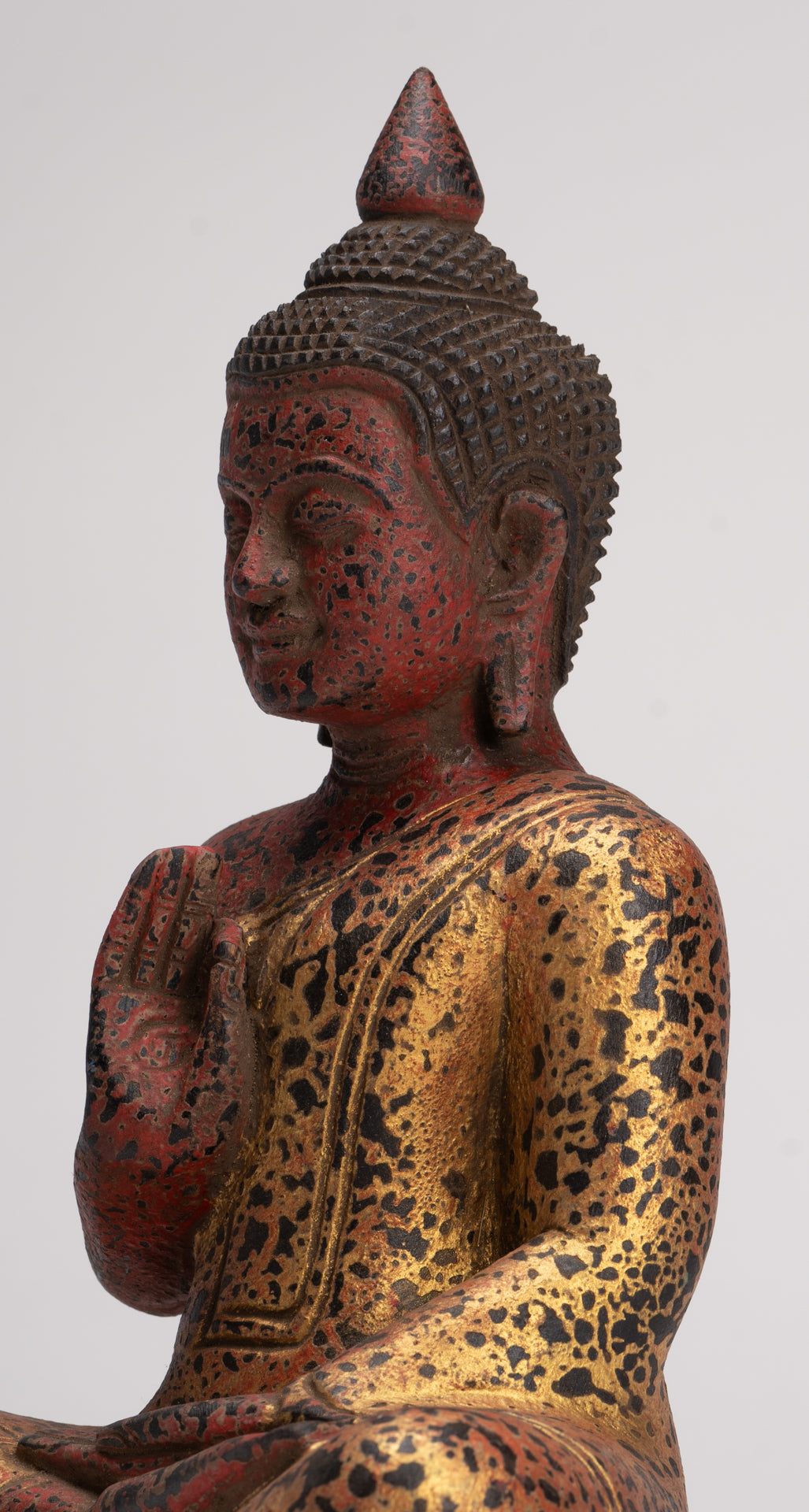 Buddha Statue - Antique Khmer Style Cambodia Seated Wood Buddha Statue Teaching Mudra - 26cm/10"