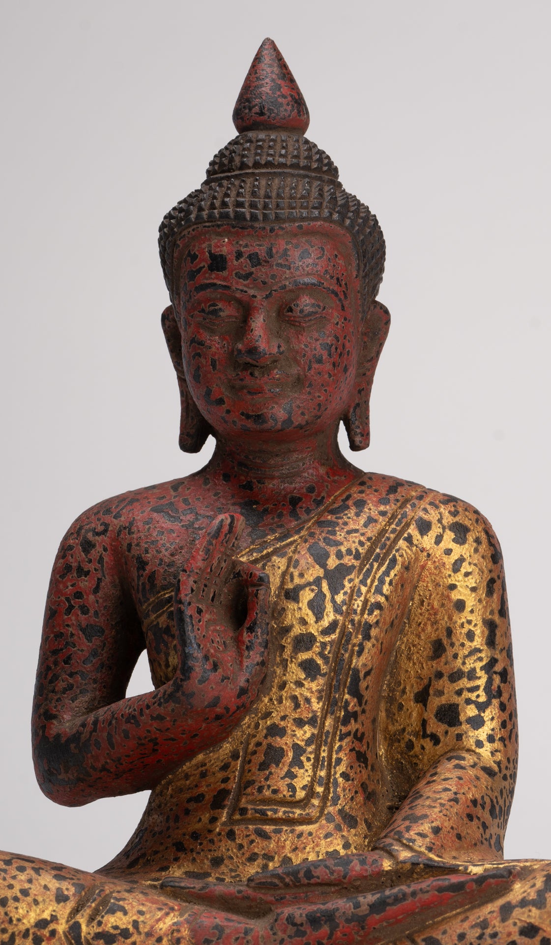 Buddha Statue - Antique Khmer Style Cambodia Seated Wood Buddha Statue Teaching Mudra - 26cm/10"