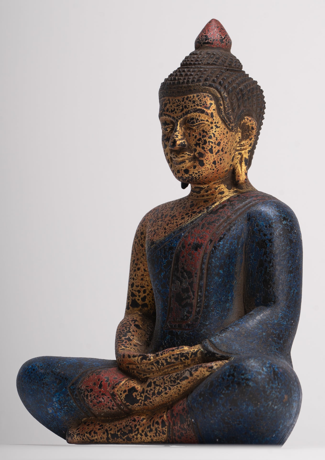 Buddha Sculpture - Antique Khmer Style Wood Seated Buddha Statue Dhyana Meditation Mudra - 26cm/11"