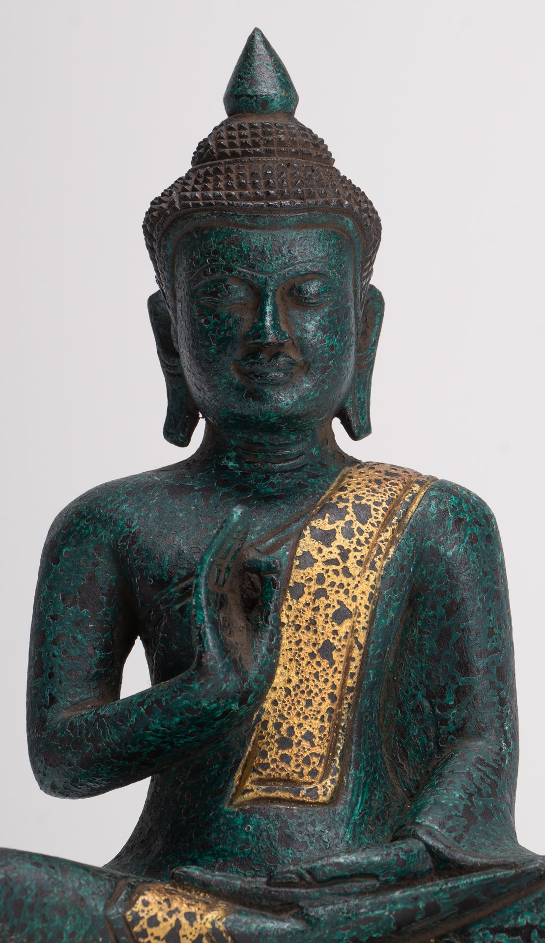 Buddha Statue - Antique Khmer Style Cambodia Seated Wood Buddha Statue Teaching Mudra - 26cm/10"