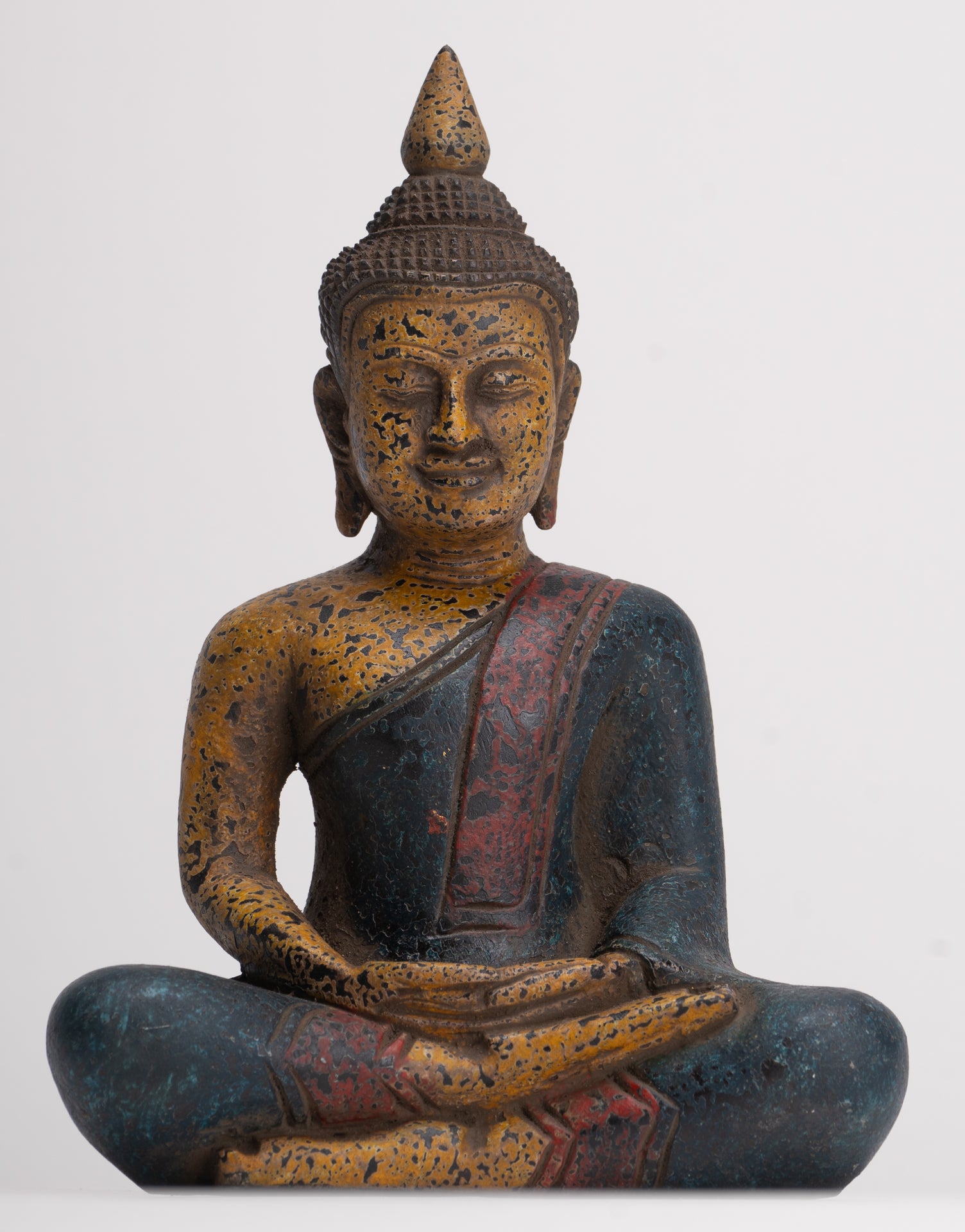 Buddha Sculpture - Antique Khmer Style Wood Seated Buddha Statue Dhyana Meditation Mudra - 20cm/8"