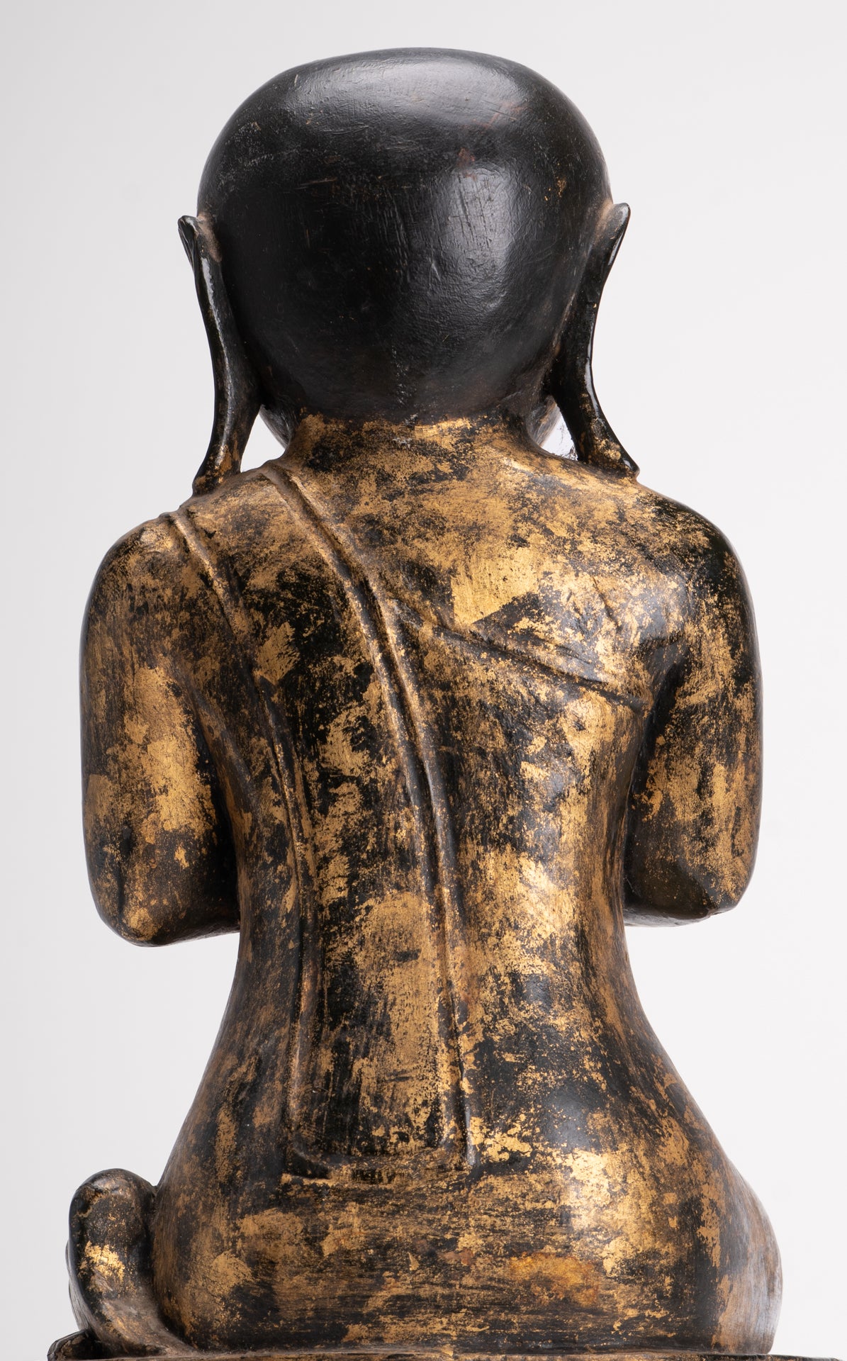 Antique Disciple Statue - Antique Burmese Style Wood Kneeling Buddha Disciple Statue - 44cm/18"