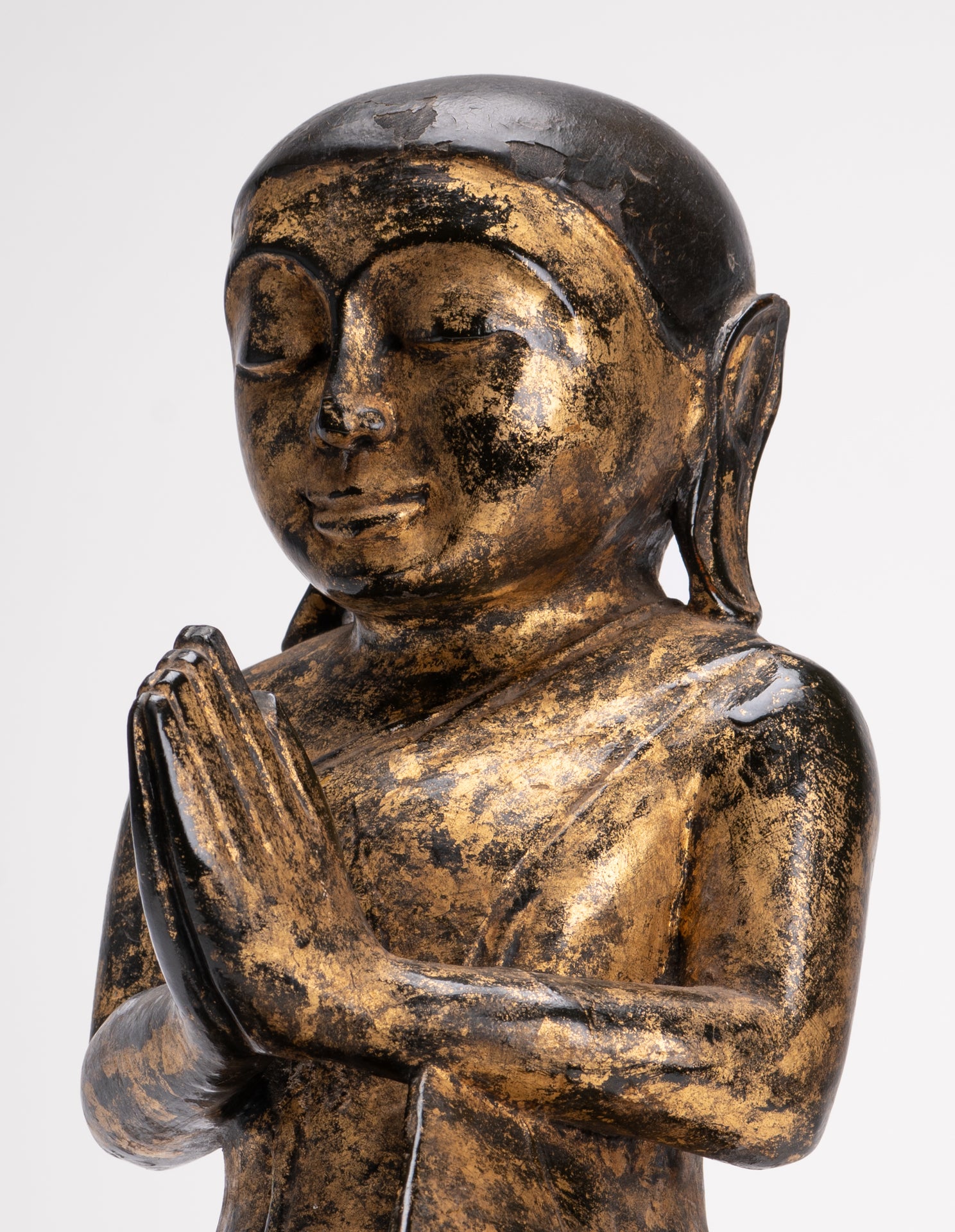 Antique Disciple Statue - Antique Burmese Style Wood Kneeling Buddha Disciple Statue - 44cm/18"