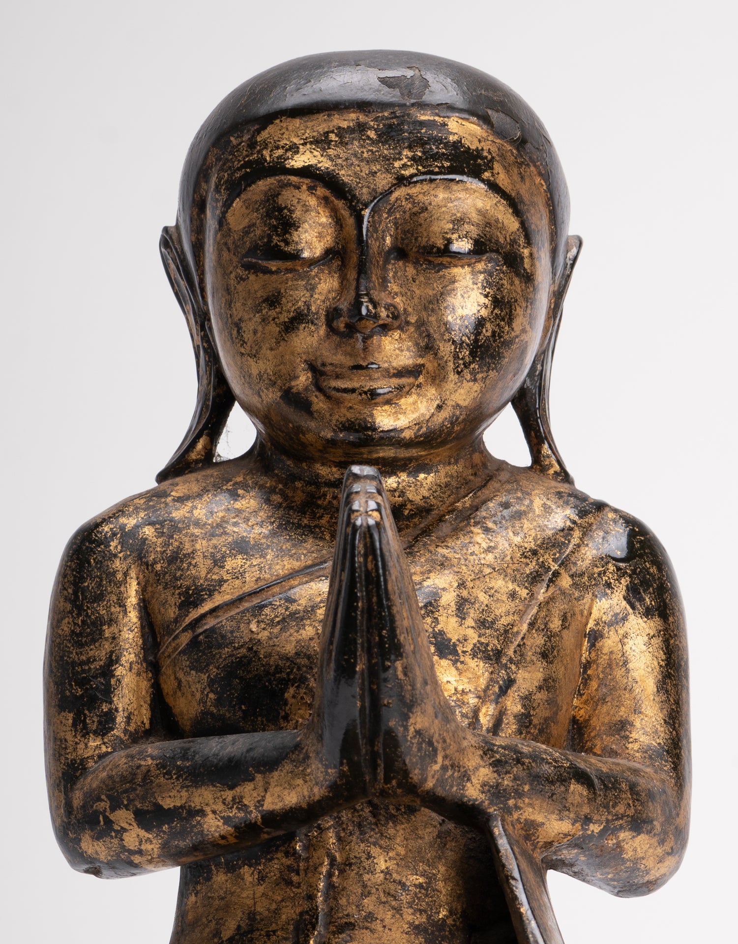 Antique Disciple Statue - Antique Burmese Style Wood Kneeling Buddha Disciple Statue - 44cm/18"