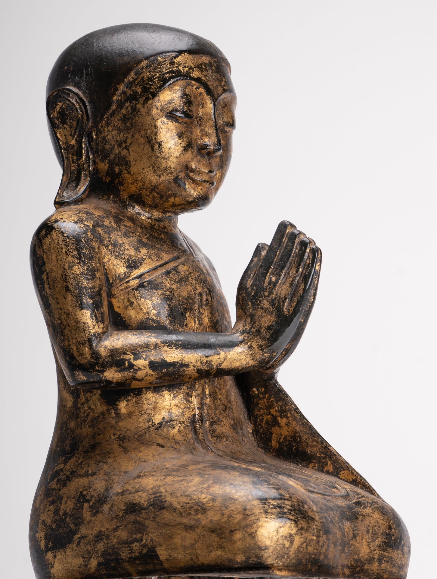 Antique Disciple Statue - Antique Burmese Style Wood Kneeling Buddha Disciple Statue - 44cm/18"