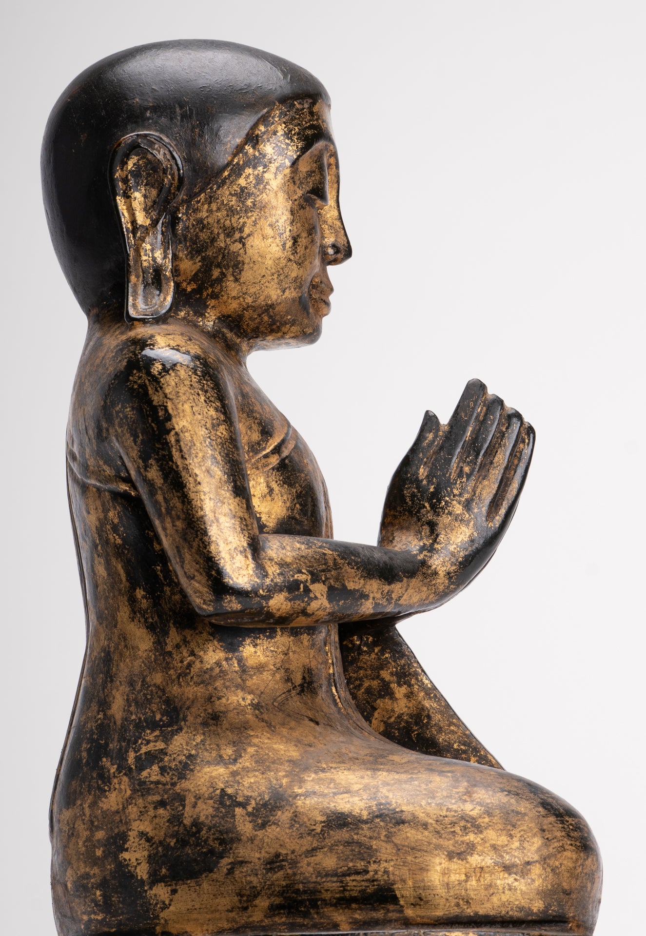 Antique Disciple Statue - Antique Burmese Style Wood Kneeling Buddha Disciple Statue - 44cm/18"