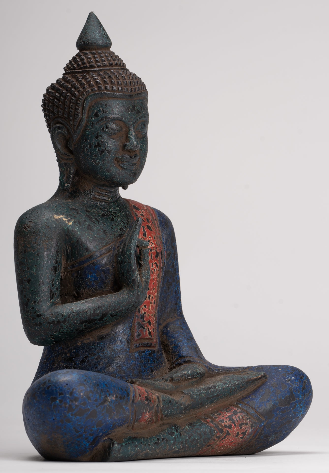 Buddha Statue - Antique Khmer Style Cambodia Seated Wood Buddha Statue Teaching Mudra - 27cm/11"