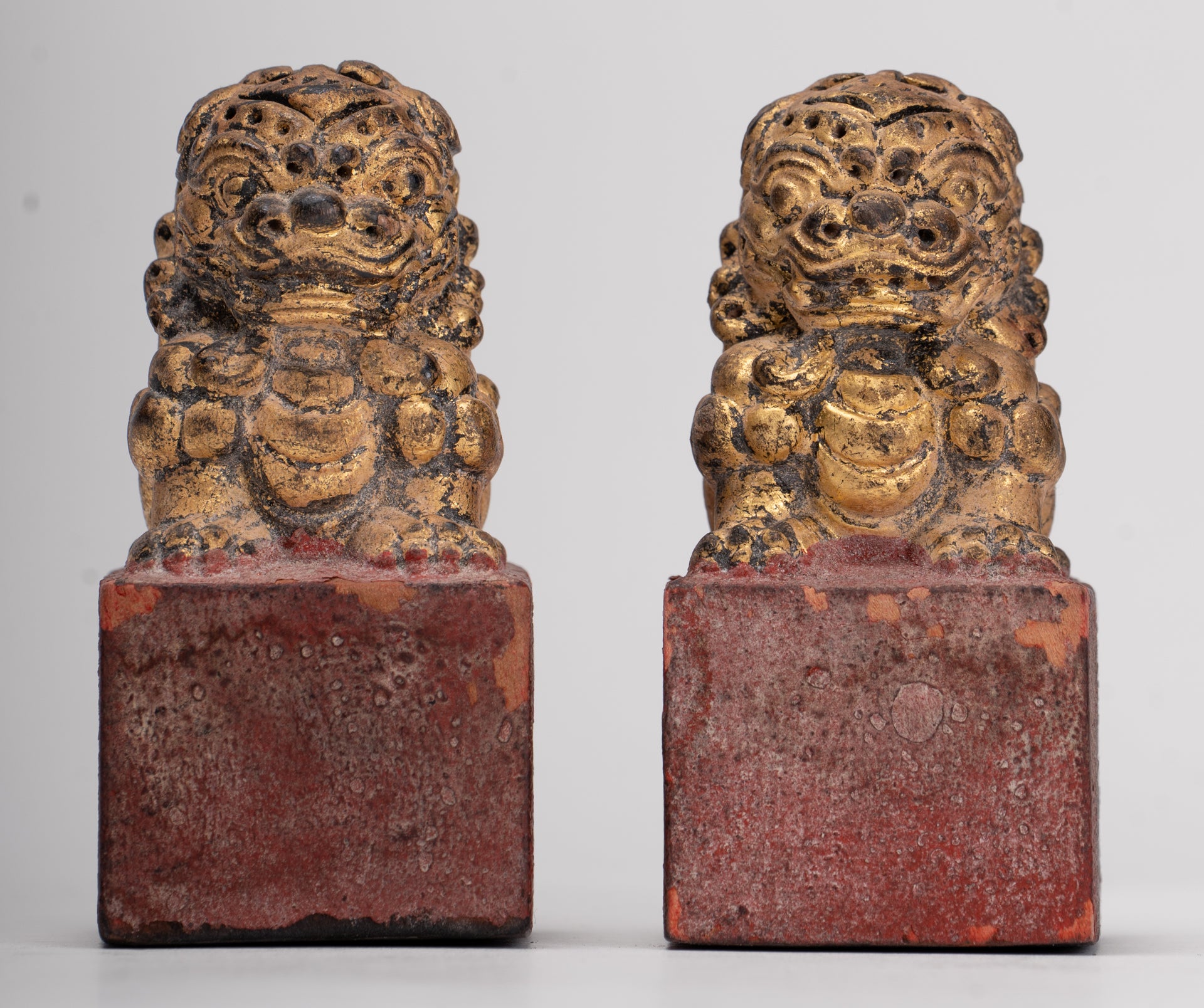 Antique Chinese Style Wood Temple Guardian Lions Shishi Lions Foo Dogs Imperial Lions (Pair) - 8cm/3"