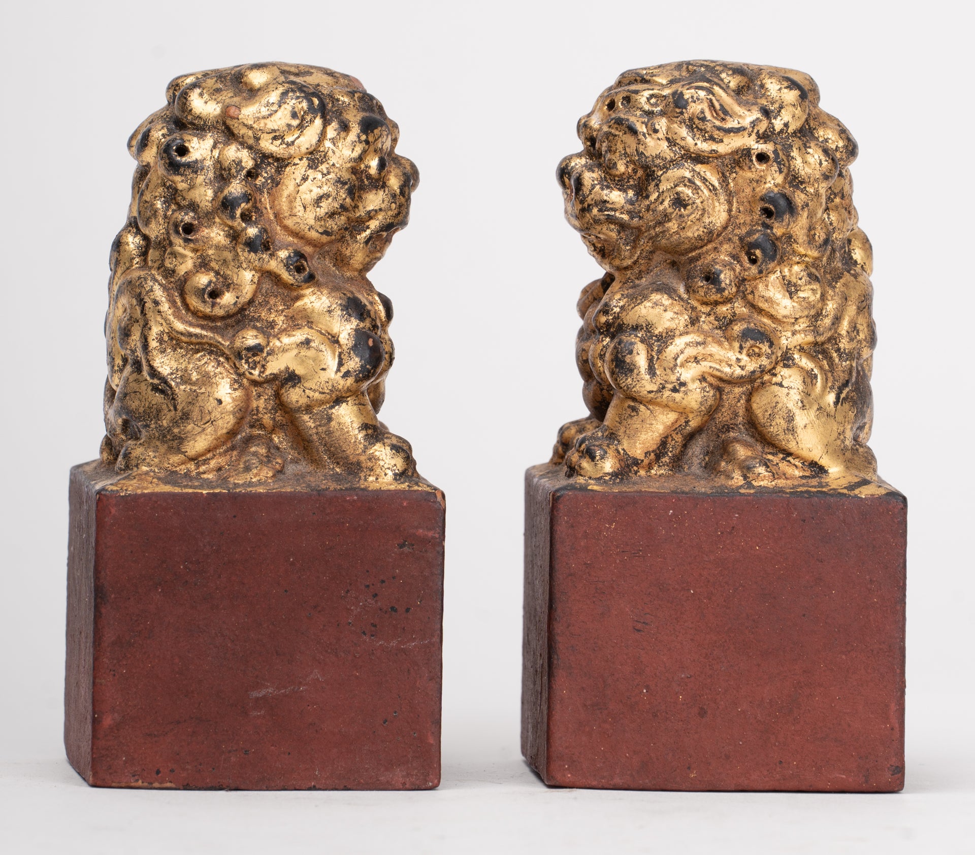 Antique Chinese Style Wood Temple Guardian Lions Shishi Lions Foo Dogs Imperial Lions (Pair) - 9.5cm/4"