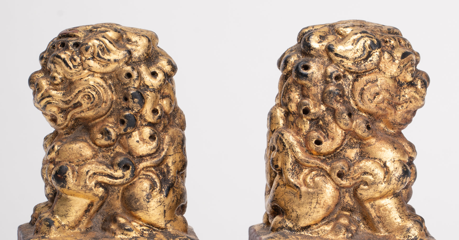 Antique Chinese Style Wood Temple Guardian Lions Shishi Lions Foo Dogs Imperial Lions (Pair) - 9.5cm/4"