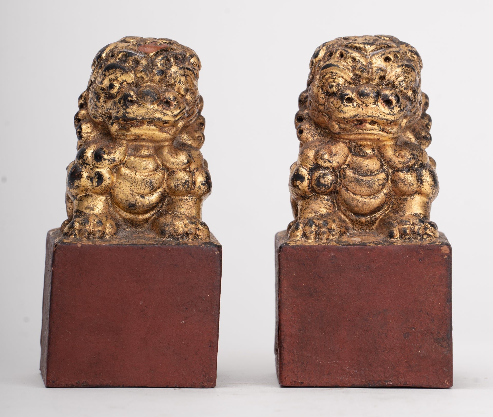 Antique Chinese Style Wood Temple Guardian Lions Shishi Lions Foo Dogs Imperial Lions (Pair) - 9.5cm/4"