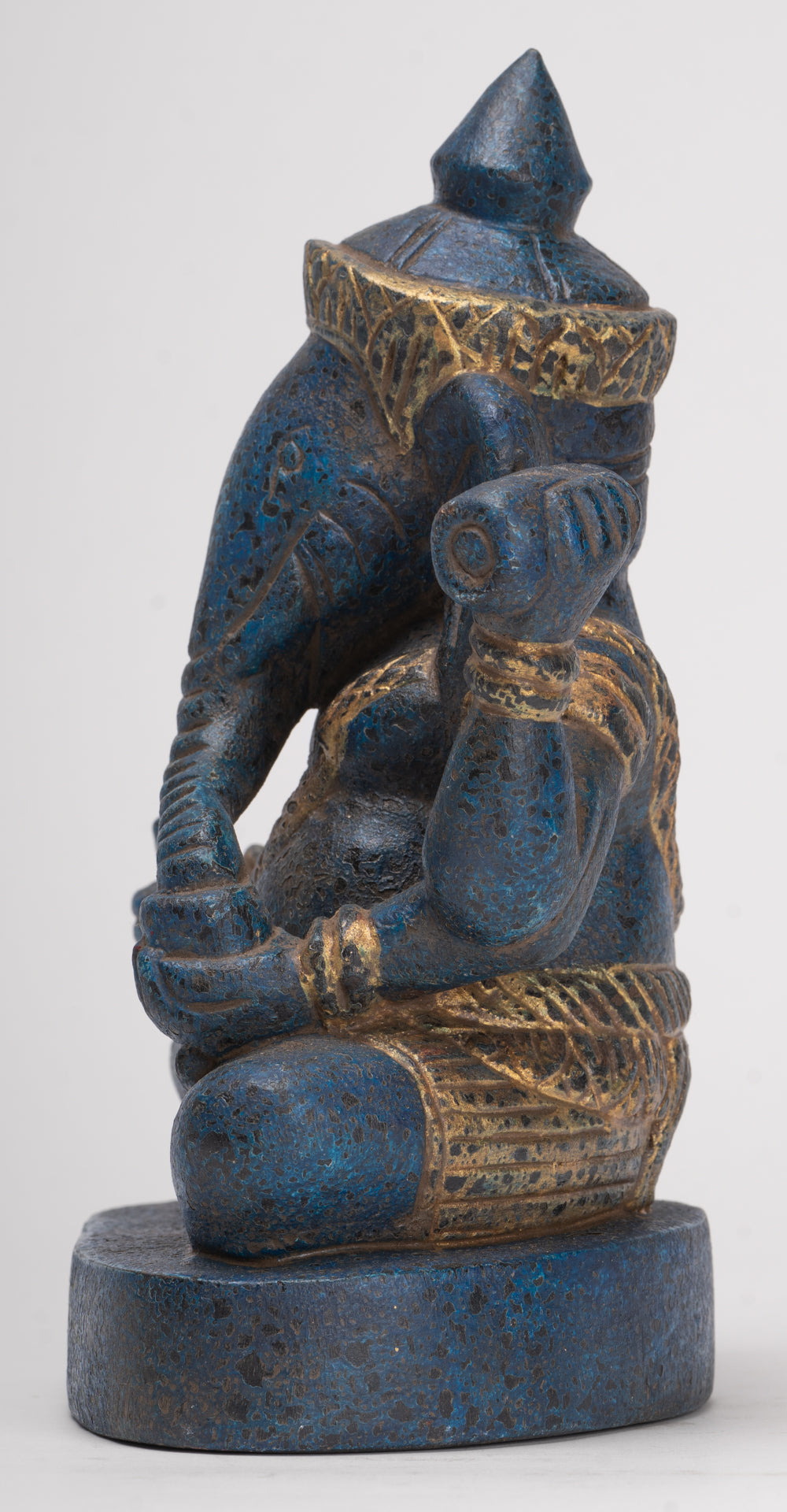Ganesh Statue - Antique Khmer Style Seated Wood Ganesha Statue - 22cm/9"