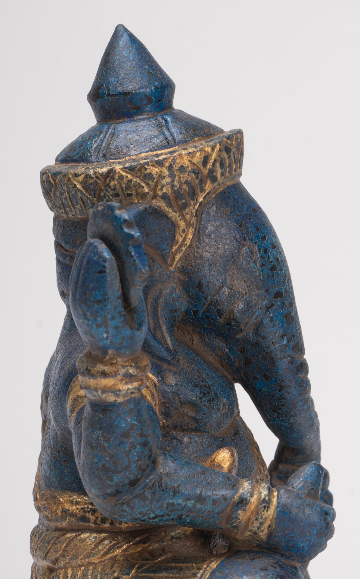 Ganesh Statue - Antique Khmer Style Seated Wood Ganesha Statue - 22cm/9"