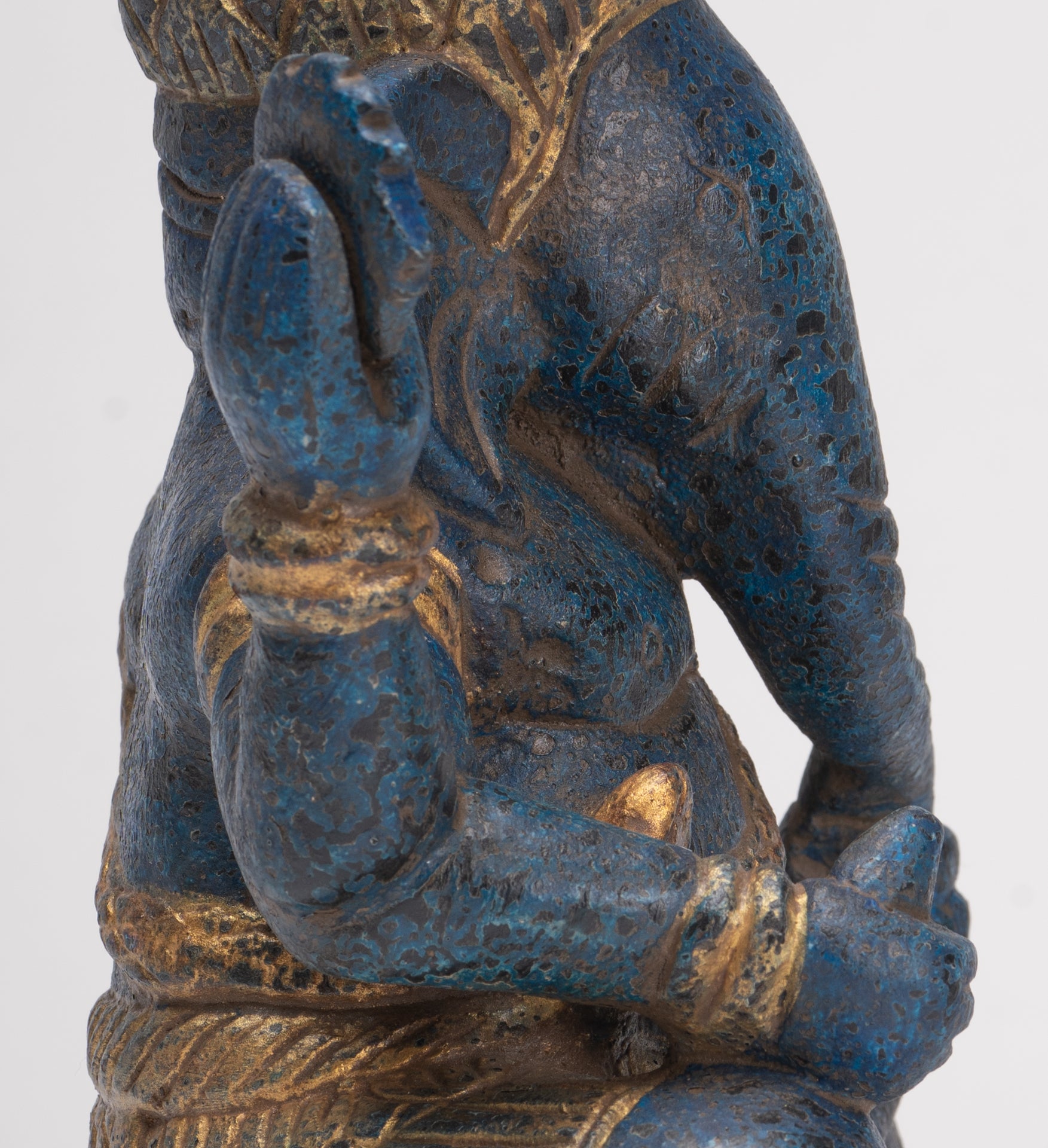 Ganesh Statue - Antique Khmer Style Seated Wood Ganesha Statue - 22cm/9"