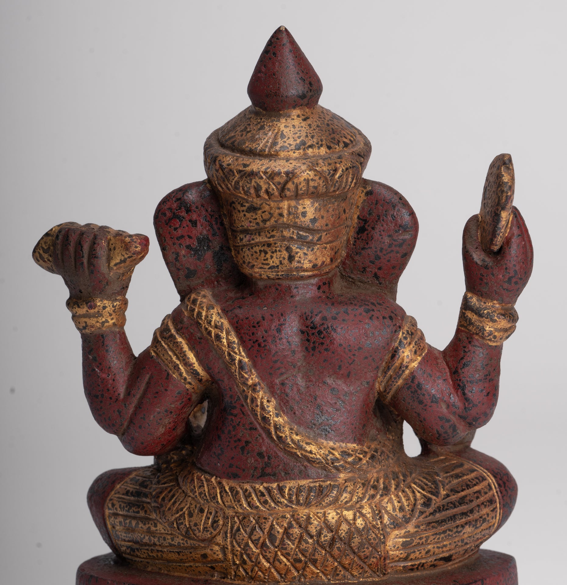 Ganesh Statue - Antique Khmer Style Seated Wood Ganesha Statue - 22cm/9"