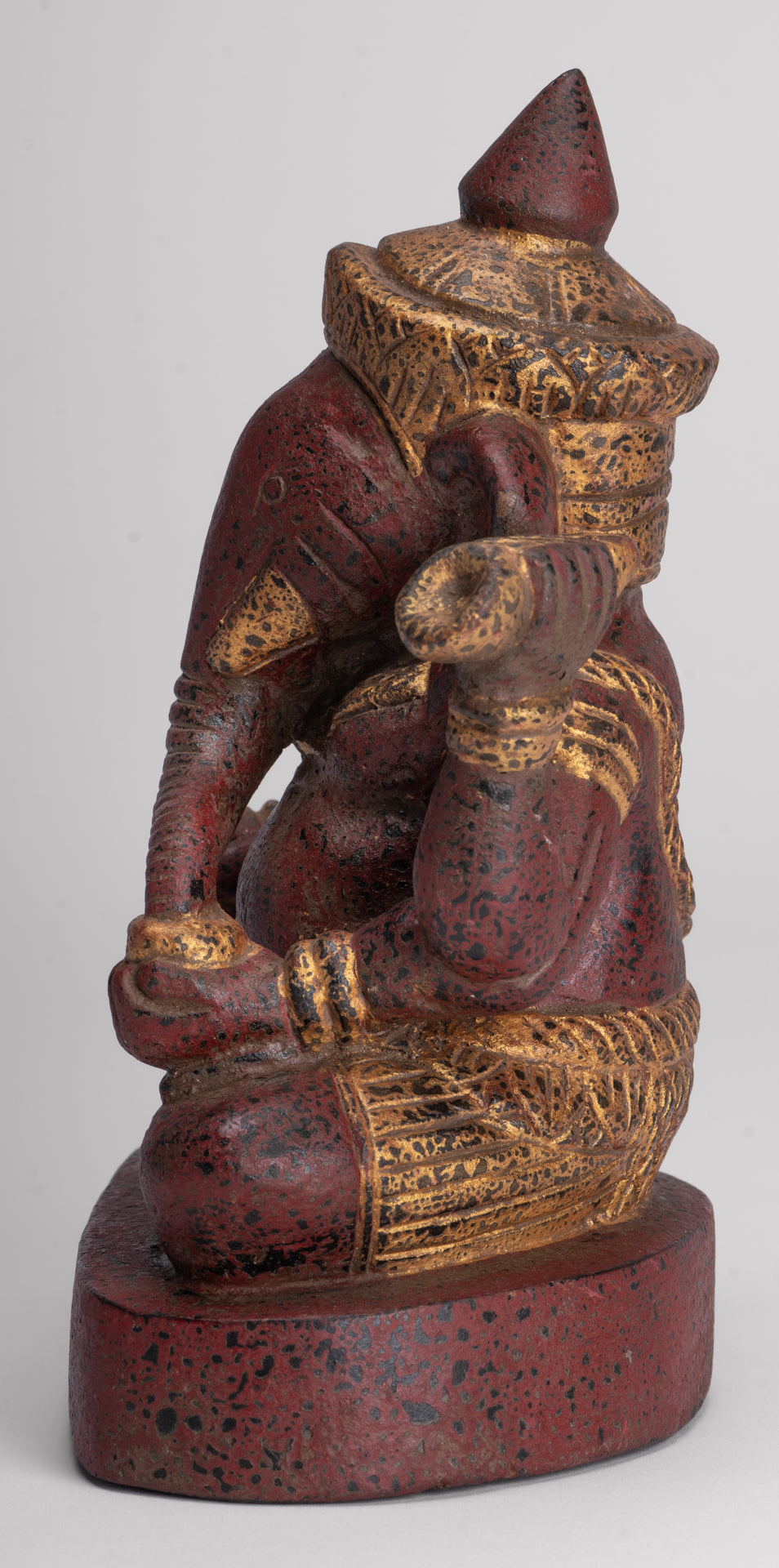 Ganesh Statue - Antique Khmer Style Seated Wood Ganesha Statue - 22cm/9"
