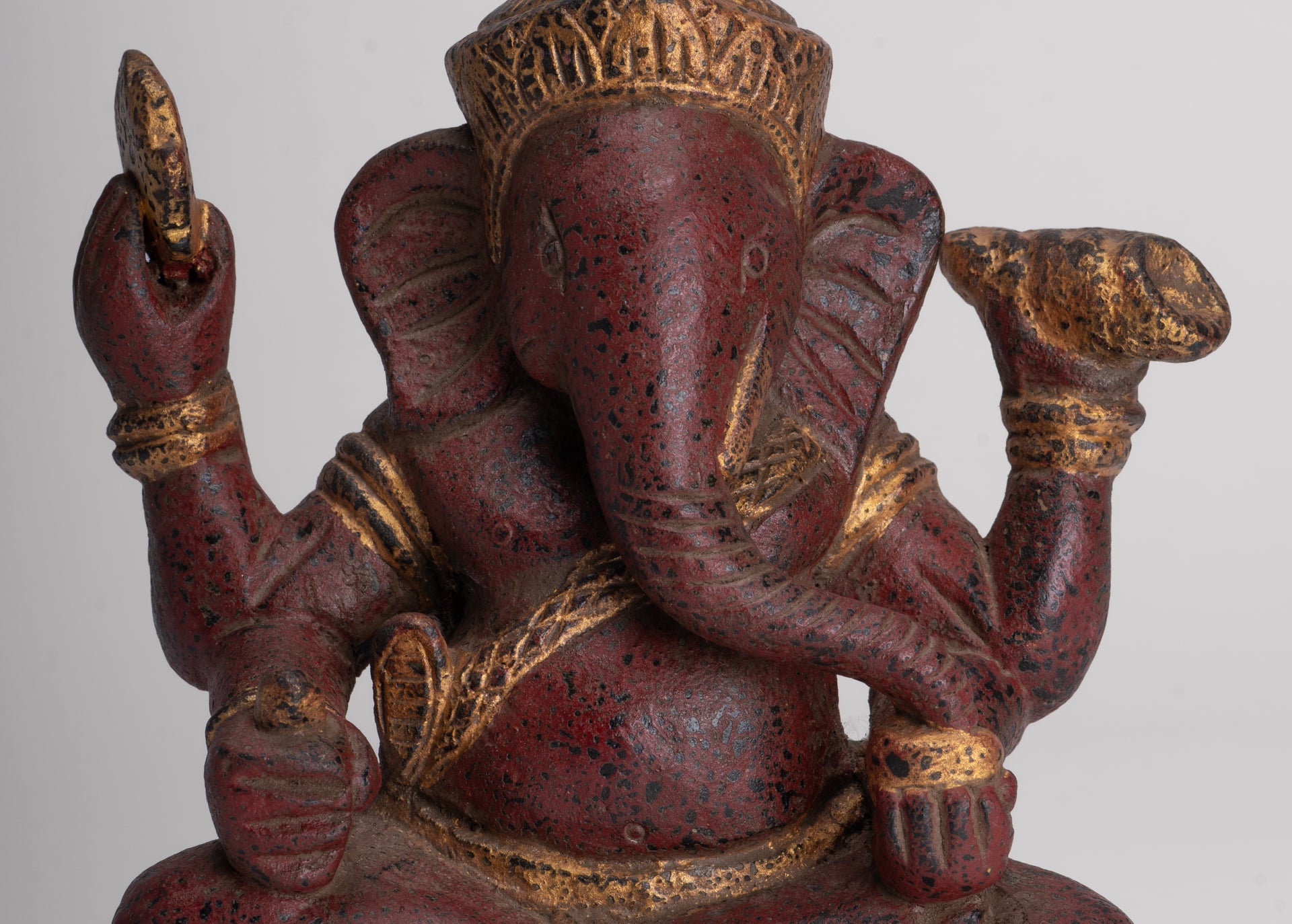 Ganesh Statue - Antique Khmer Style Seated Wood Ganesha Statue - 22cm/9"