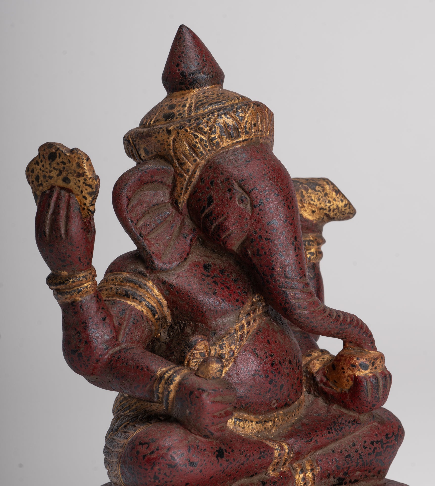 Ganesh Statue - Antique Khmer Style Seated Wood Ganesha Statue - 22cm/9"