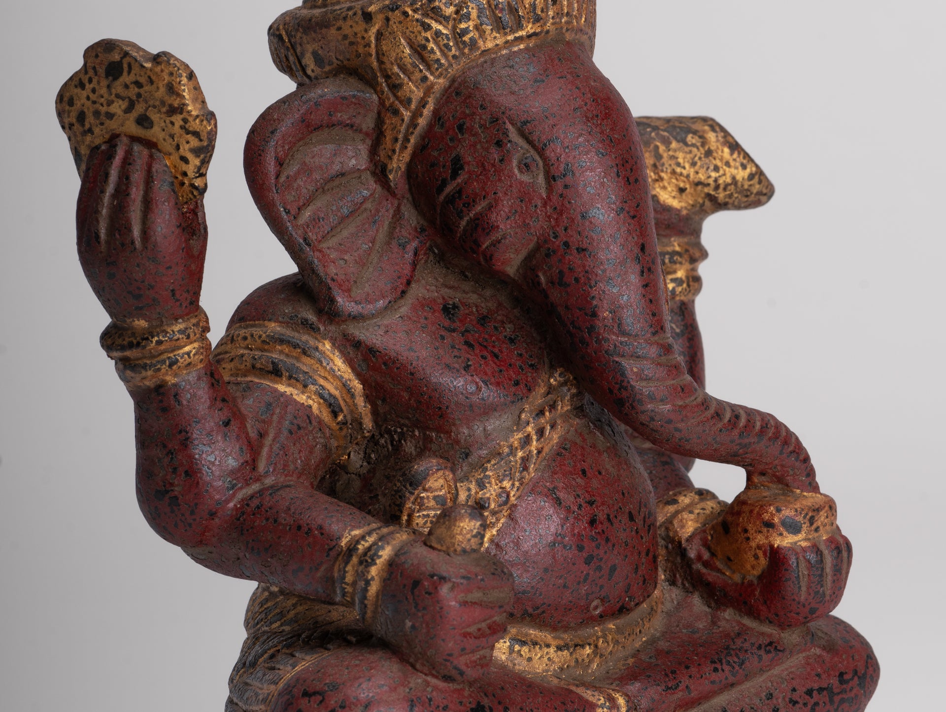 Ganesh Statue - Antique Khmer Style Seated Wood Ganesha Statue - 22cm/9"