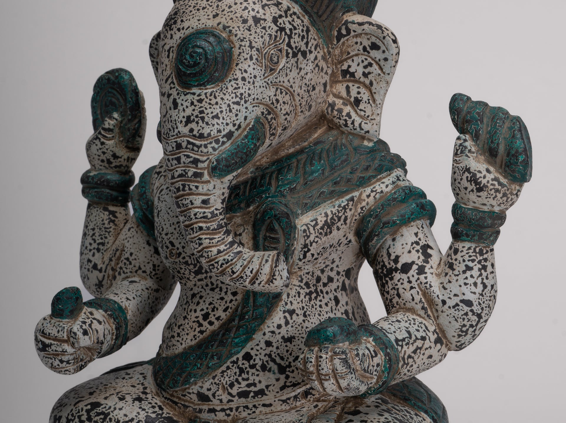 Ganesh Statue - Antique Khmer Style Seated Wood Ganesha Statue - 34cm/14"