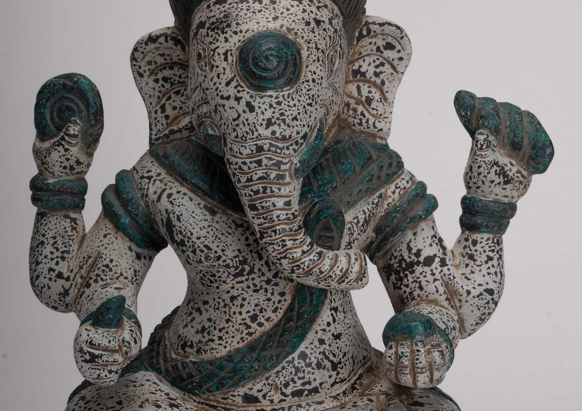 Ganesh Statue - Antique Khmer Style Seated Wood Ganesha Statue - 34cm/14"