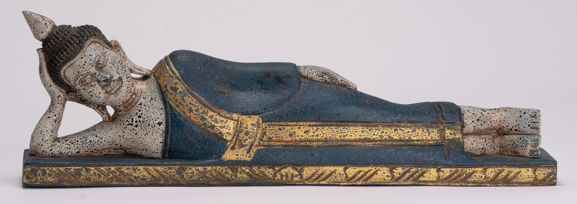 Buddha Statue - Antique Khmer Style SE Asia Wood Reclining Nirvana Buddha Statue - 42cm/17" Long