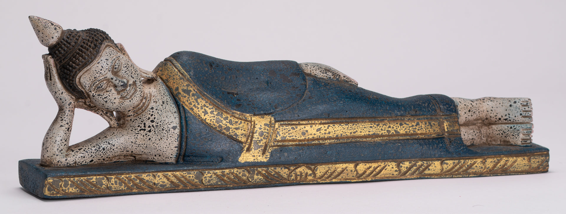 Buddha Statue - Antique Khmer Style SE Asia Wood Reclining Nirvana Buddha Statue - 42cm/17" Long