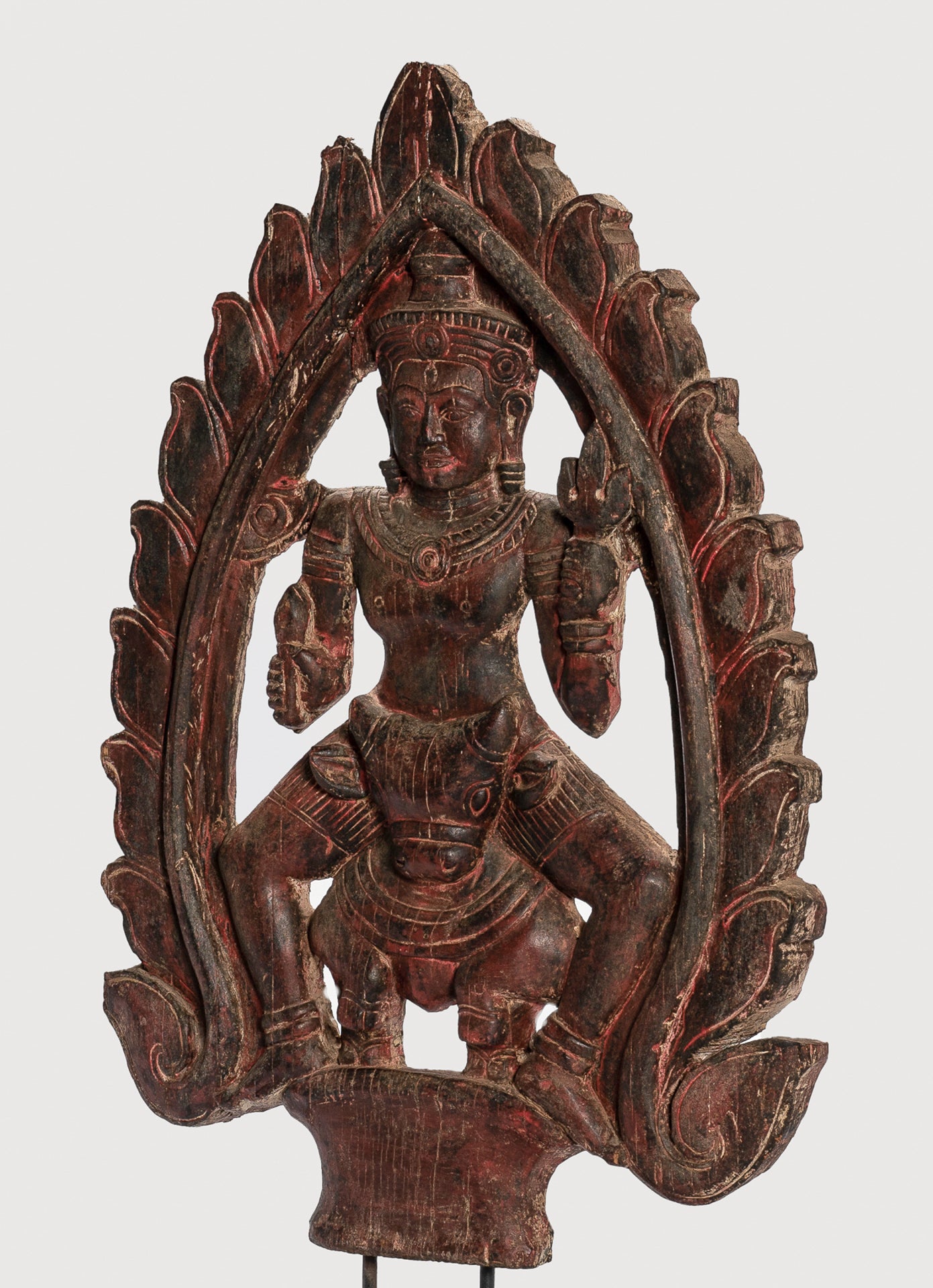 Shiva Statue - Antique Khmer Style SE Asia Wood Bas Relief Nandi & Shiva Statue - 105cm/42"