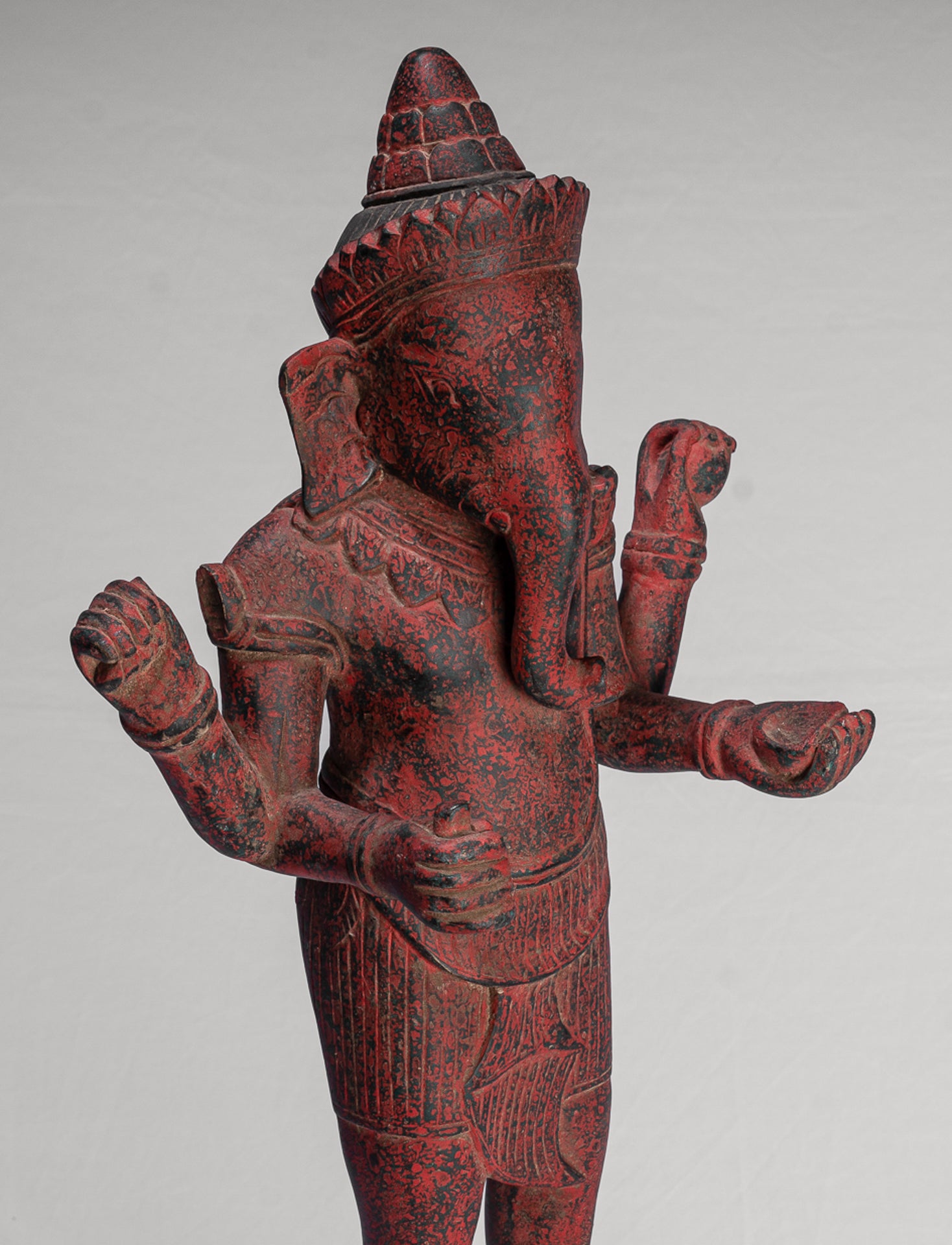 Ganesha Statue - Antique Bayon Style Standing Khmer Red Wood Standing Ganesha Statue - 60cm/24"