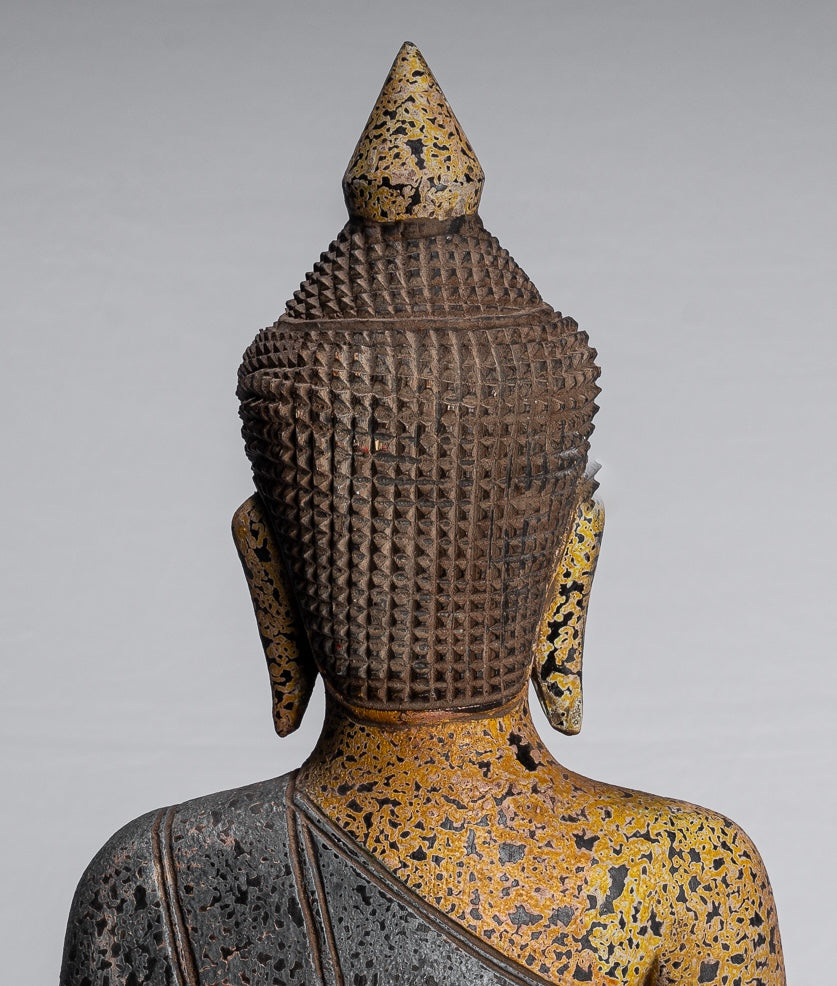 Buddha Statue - Antique Khmer Style SE Asia Seated Wood Enlightenment Buddha Statue - 45cm/18"