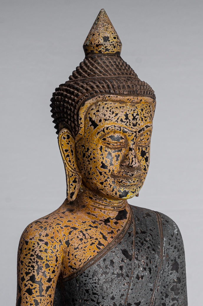 Buddha Statue - Antique Khmer Style SE Asia Seated Wood Enlightenment Buddha Statue - 45cm/18"