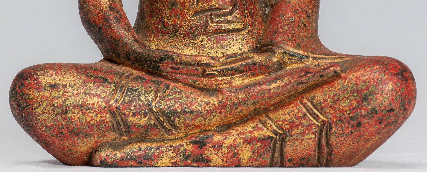Buddha Sculpture - Antique Khmer in stile Khmer Legno Buddha Statua Dhyana Meditazione Mudra - 31 cm/12 "