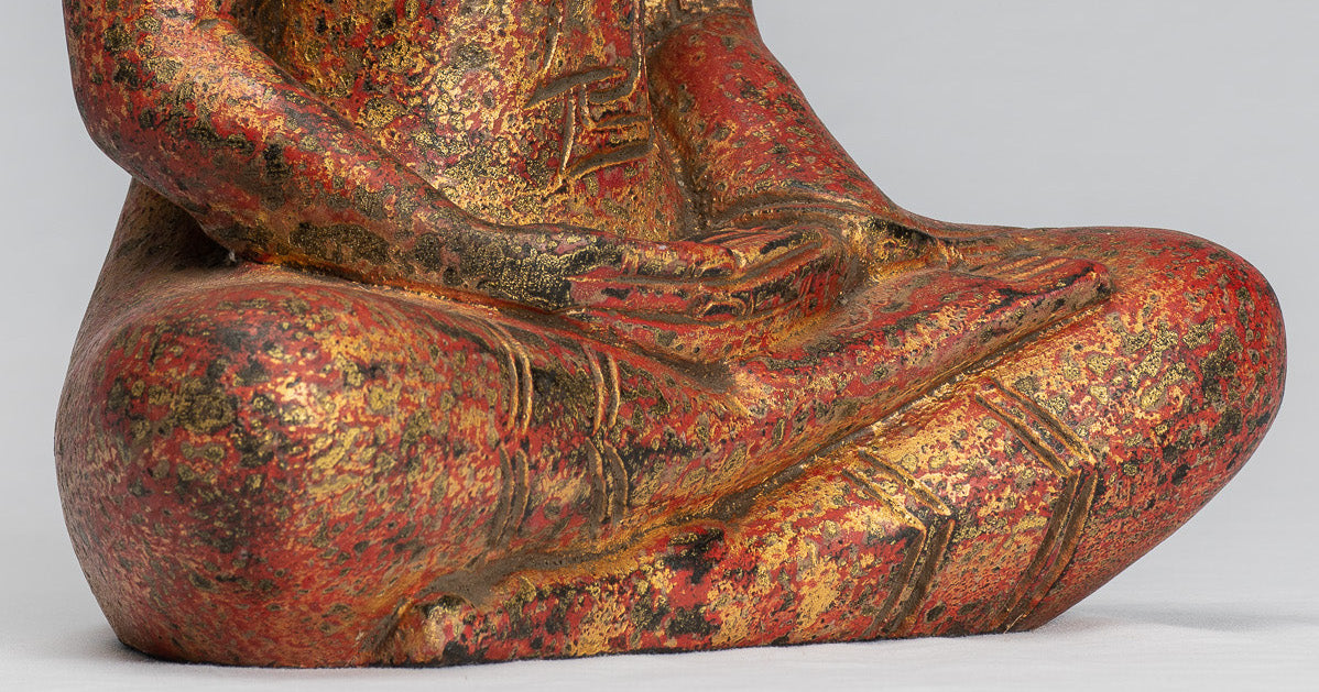 Buddha Sculpture - Antique Khmer in stile Khmer Legno Buddha Statua Dhyana Meditazione Mudra - 31 cm/12 "