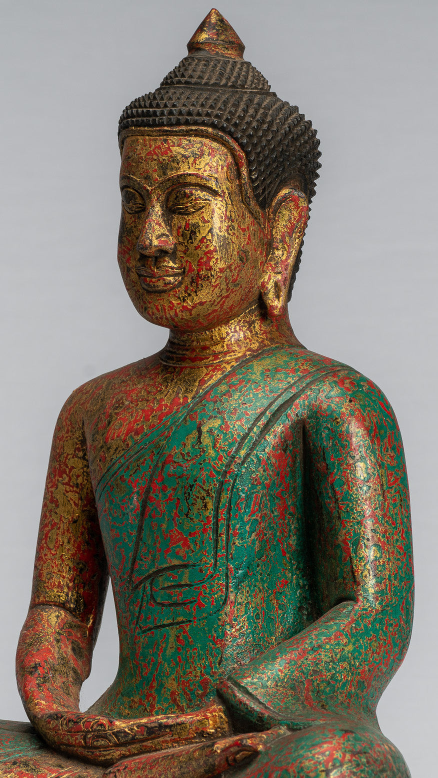 Antike sitzende Buddha-Statue aus Holz im Khmer-Stil, Dhyana-Meditations-Mudra – 37 cm.