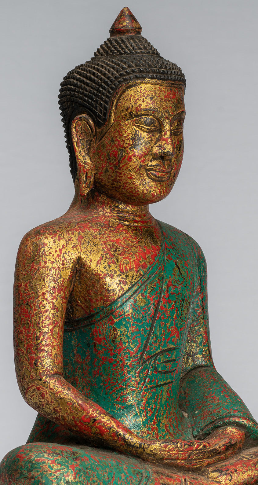 Antike sitzende Buddha-Statue aus Holz im Khmer-Stil, Dhyana-Meditations-Mudra – 37 cm.