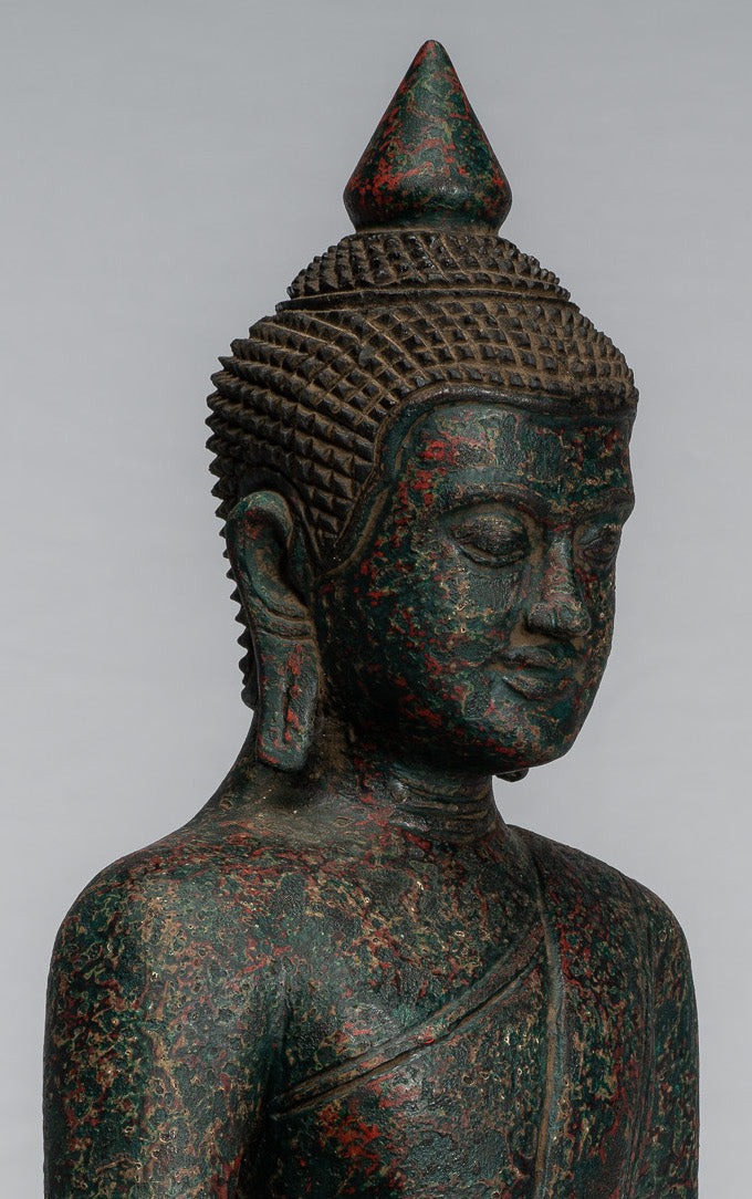Buddha Statue - Antique Khmer Style SE Asia Seated Wood Enlightenment Buddha Statue - 39cm/16"