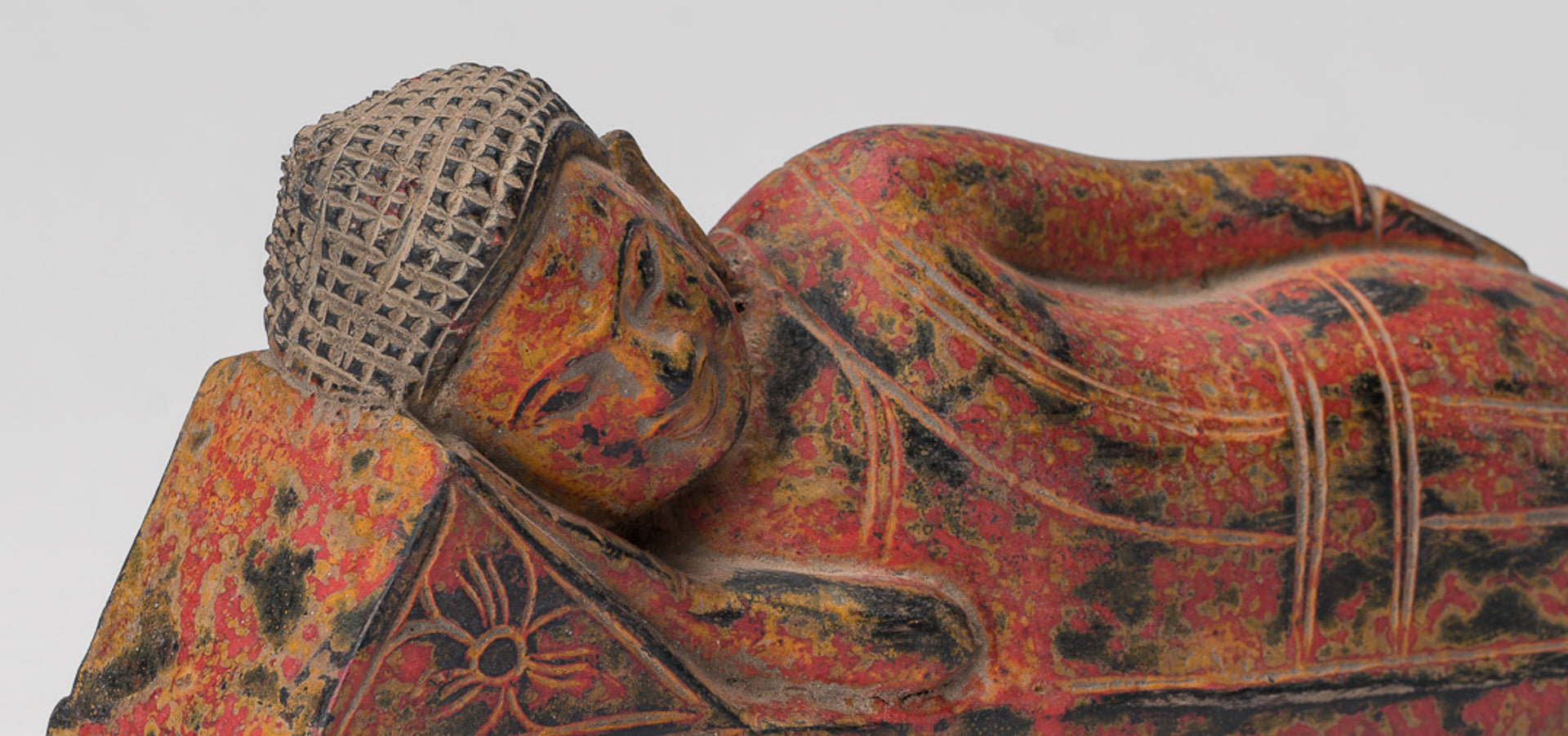 Buddha Statue - Antique Thai Style Wood Reclining Nirvana Buddha Statue - 30cm/12" Long