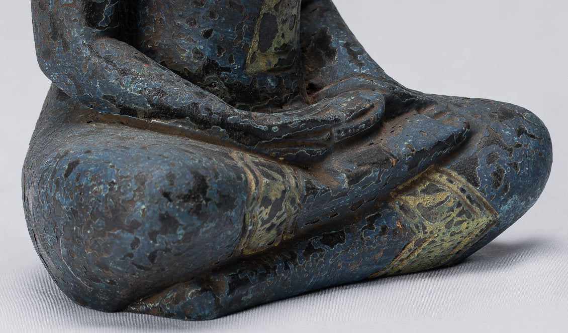 Buddha Sculpture - Antique Khmer Style Wood Seated Buddha Statue Dhyana Meditation Mudra - 21cm/8"