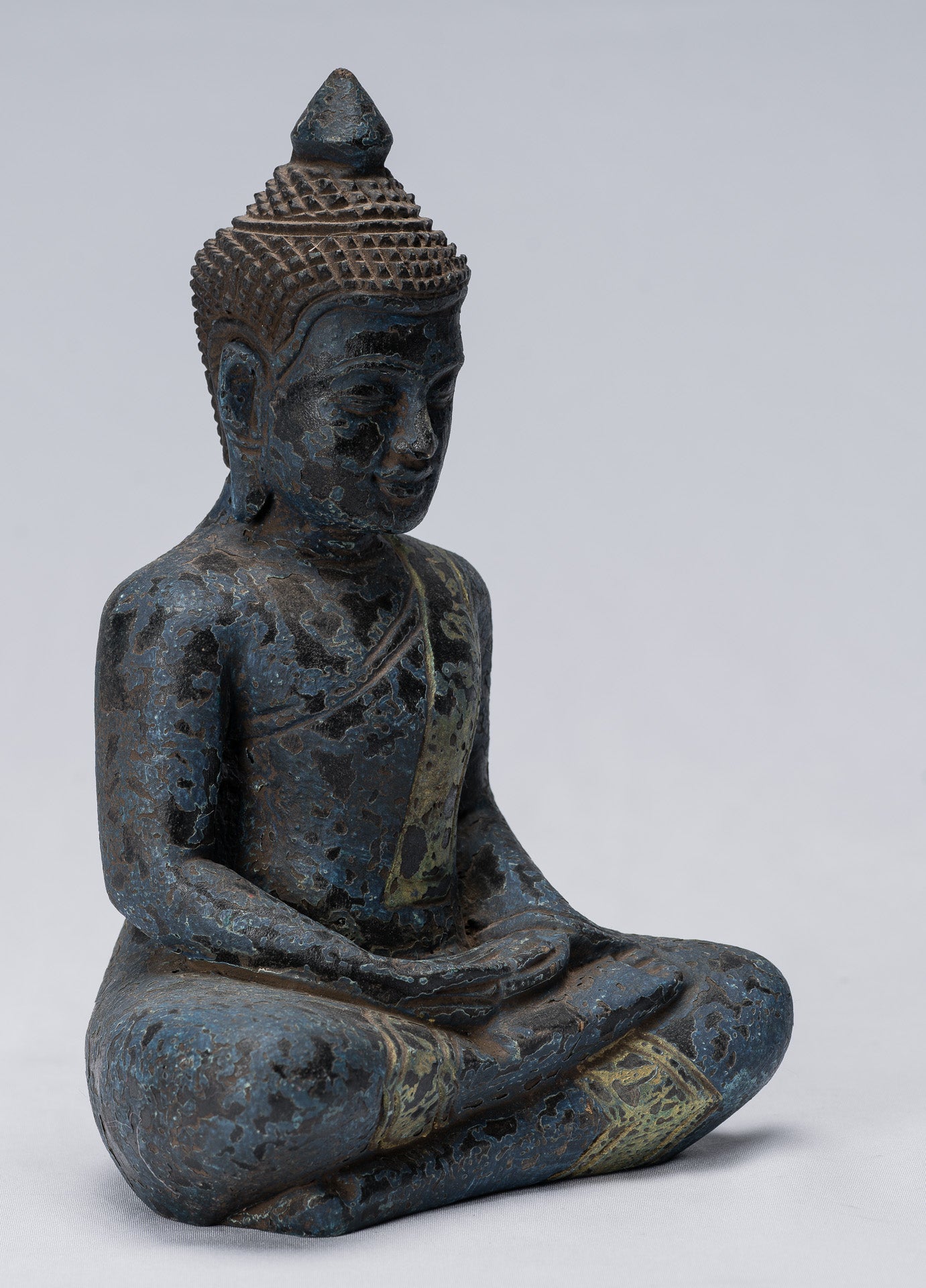 Buddha Sculpture - Antique Khmer Style Wood Seated Buddha Statue Dhyana Meditation Mudra - 21cm/8"