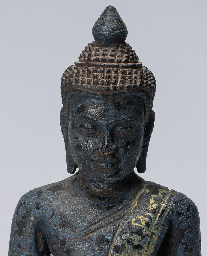 Buddha Sculpture - Antique Khmer Style Wood Seated Buddha Statue Dhyana Meditation Mudra - 21cm/8"