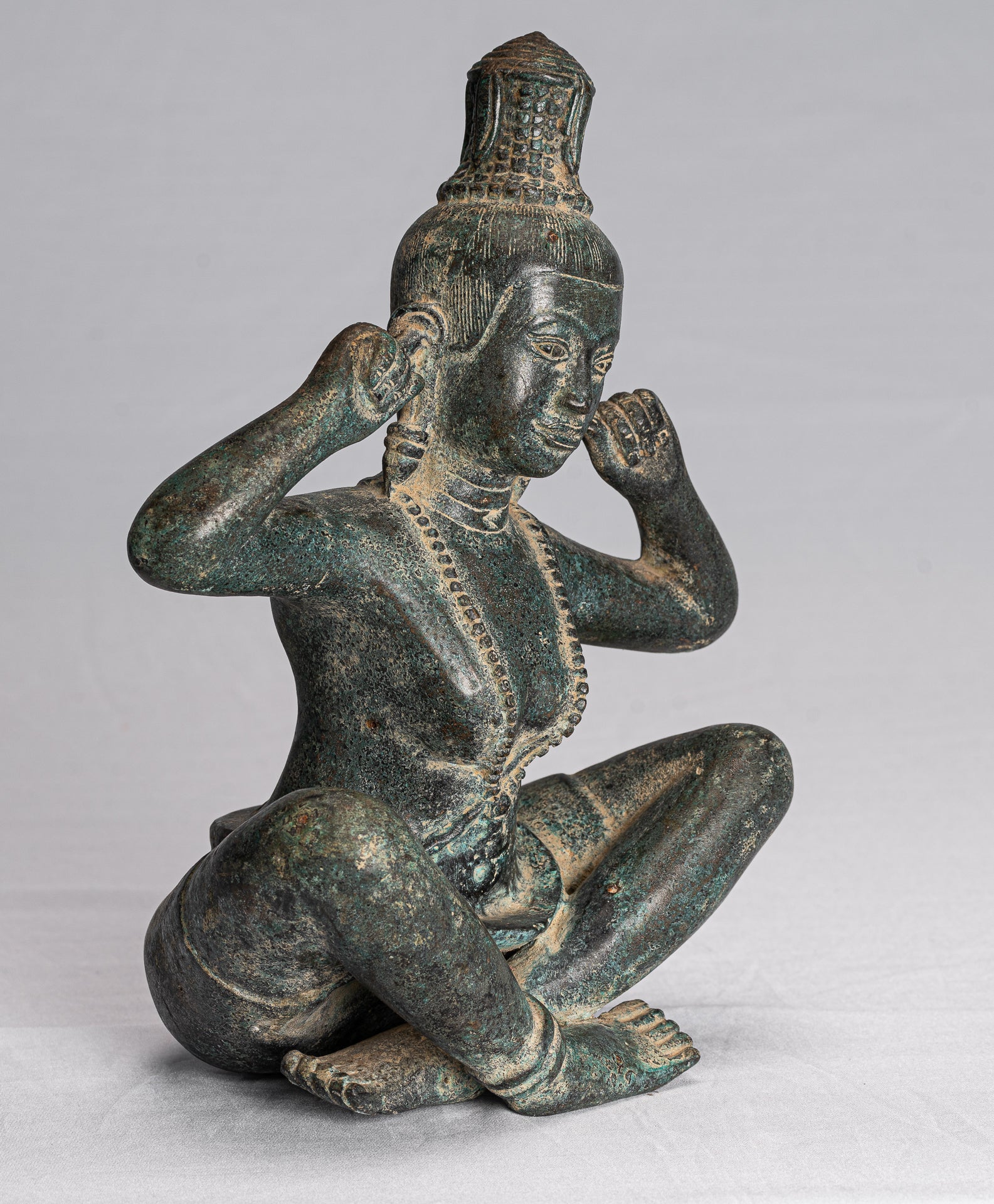 Devi Statue - Antique Khmer Style Bronze 'Hear No Evil' Statue - 27cm/11"